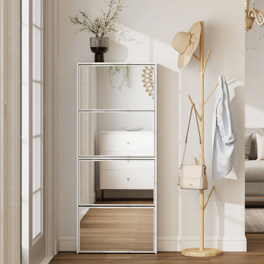 HOMCOM Sapateira Estreita com Espelho 4 Portas Abatíveis Sapateira para Entrada Corredor para 12 Pares de Sapatos Para Corredor Espaços Reduzidos 63x17x146 cm Branco HOMCOM Sapateira Estreita com Espelho 4 Portas Abatíveis Sapateira para Entrada Corredor para 12 Pares de Sapatos Para Corredor Espaços Reduzidos 63x17x146 cm Branco