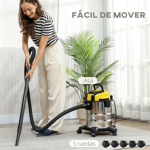 HOMCOM Aspirador Seco e Húmido 3 em 1 1200W com Função de Soprador Mangueira 2 m Depósito Inoxidável 20L Triplo Filtro Bocal para Pisos e Fendas 48x48x48,5 cm Amarelo
