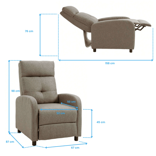 Poltrona reclinável manual Relax 155º, modelo Denmark, para sala de estar, em poliéster respirável marrom, 67x98x87 cm
