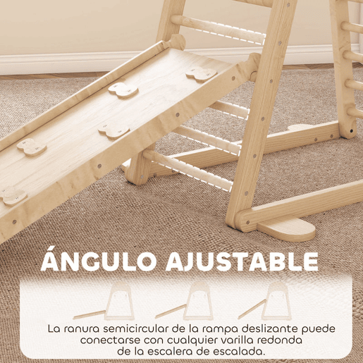 AIYAPLAY Triângulo de Escalada Montessori 6 em 1 Estrutura de Madeira com Plataforma Anéis e Escorrega para Escalar ou Deslizar para Crianças de 18-48 Meses Interiores Madeira