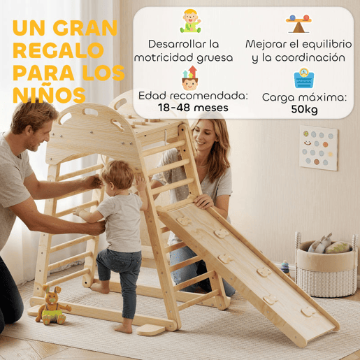 AIYAPLAY Triângulo de Escalada Montessori 6 em 1 Estrutura de Madeira com Plataforma Anéis e Escorrega para Escalar ou Deslizar para Crianças de 18-48 Meses Interiores Madeira