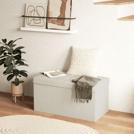 HOMCOM Banco com Armazenamento 84 L Banco de Arrumação Dobrável 76x38x38 cm Estofado em Linho Sintético Baú de Arrumação Capacidade 120 kg Banco para Sala de Estar Quarto Entrada Creme