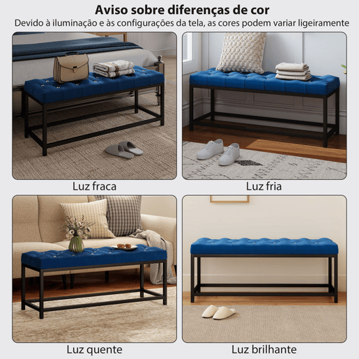 HOMCOM Banco ao Pé da Cama Estofado em Veludo Banqueta para Quarto Design Capitoné Base de Metal Banco para Quarto Entrada Sala 117x40x48 cm Azul Escuro