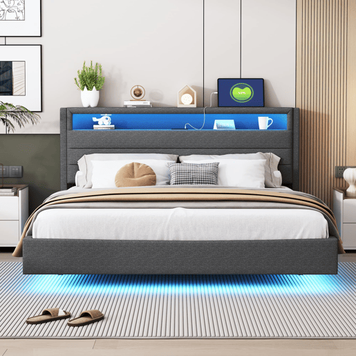 Cama estofada 160x200 cm - Com tomada USB, luz LED, cabeceira reversível, pé oculto - Cinza