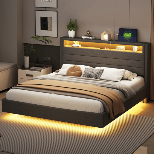 Cama estofada 160x200 cm - Com tomada USB, luz LED, cabeceira reversível, pé oculto - Cinza