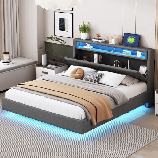 Cama estofada 160x200 cm - Com tomada USB, luz LED, cabeceira reversível, pé oculto - Cinza
