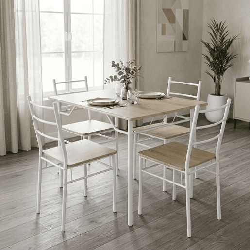 Conjunto de mesa de cozinha com 4 cadeiras, conjunto de jantar para cozinha, melamina branca e carvalho Sonoma