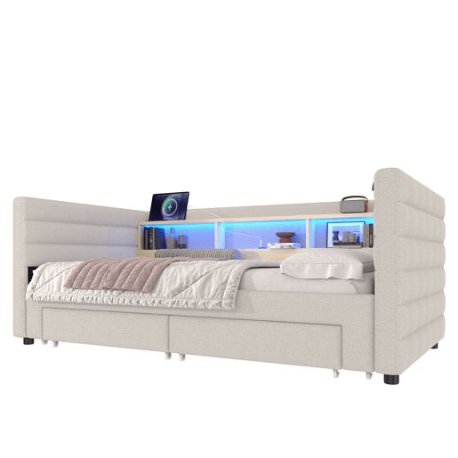 Cama de dia 90x190 cm - Design multifuncional, USB, 2 gavetas, luzes LED - Bege