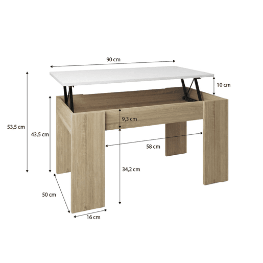 Mesa de centro elevável Norak Roble Canadian - Blanco Artik (Blanco Mate) 90 x 43,5 x 50 cm