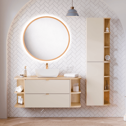 Conjunto meuble sous-vasque 120cm niches arrondies e coluna Azel Caxemira e Madeira