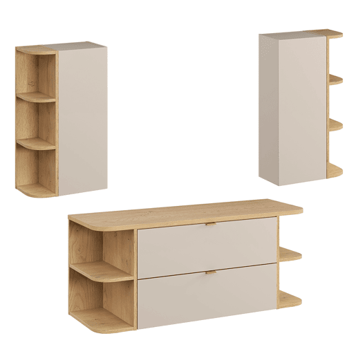 Conjunto meuble sous-vasque 120cm niches arrondies e coluna Azel Caxemira e Madeira