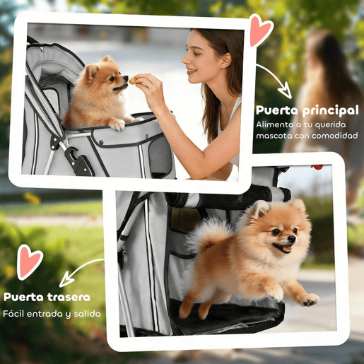 PawHut Carrinho Dobrável para Cães, Coche para Cães Pequenos com Cesta de Armazenamento, Janelas de Rede, Porta-copos, Rodas de EVA, Almofada Lavável, Travões, Suporte até 10 kg, 77x44x102 cm, Cinzento