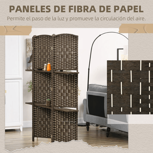 HOMCOM Biombo Separador de Ambientes 4 Painéis 160x170 cm com 2 Prateleiras Dobrável de Fibra de Papel Castanho