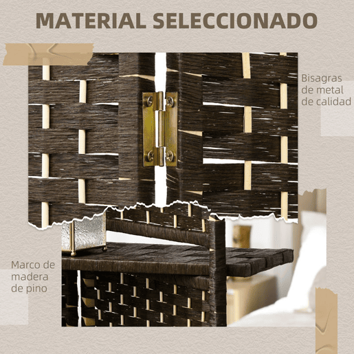 HOMCOM Biombo Separador de Ambientes 4 Painéis 160x170 cm com 2 Prateleiras Dobrável de Fibra de Papel Castanho