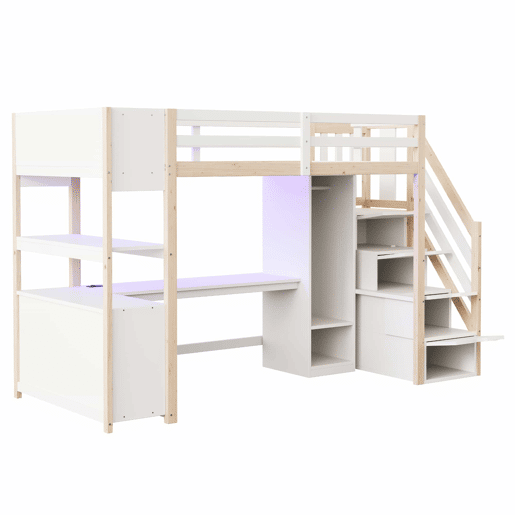 Cama alta em madeira 90x200 cm - roupeiro individual, secretária grande, armário de arrumação, prateleira de cabeceira, escada com arrumação, tomadas europeias e luzes LED - Branco+Natural