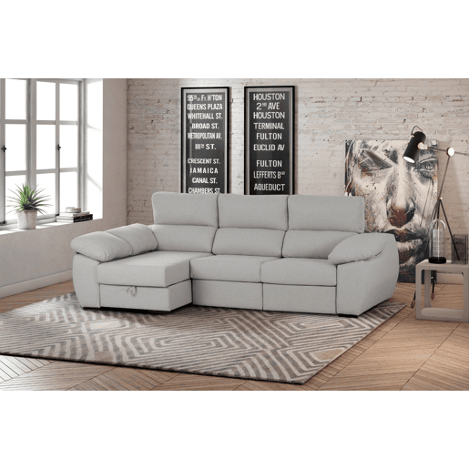 Sofá-cama com chaise longue, cor cinza claro, lado esquerdo.