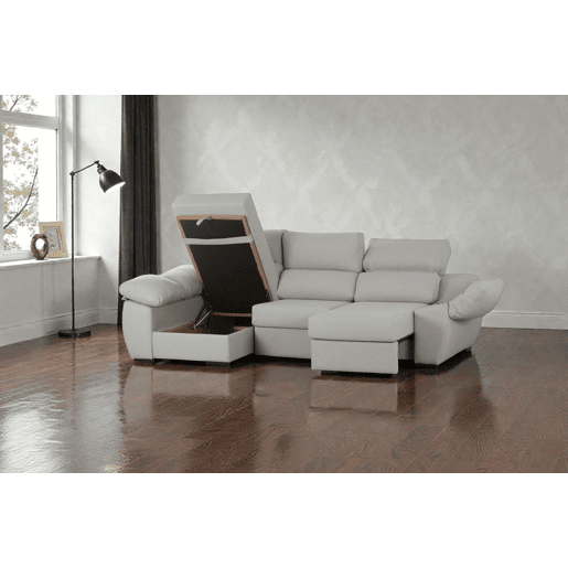 Sofá-cama com chaise longue, cor cinza claro, lado esquerdo.
