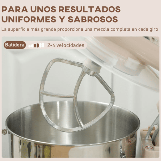 HOMCOM Batedeira Planetária 4,5L, Batedeira de Pão 1300W, 6 Velocidades, Taça de Aço Inoxidável, Batedor, Gancho, Varas, Protetor Antissalpicos, Bege