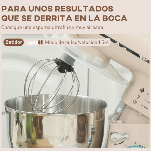 HOMCOM Batedeira Planetária 4,5L, Batedeira de Pão 1300W, 6 Velocidades, Taça de Aço Inoxidável, Batedor, Gancho, Varas, Protetor Antissalpicos, Bege