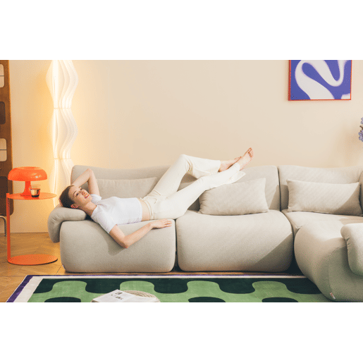 Sofá de canto modular de 4 lugares com chaise longue, tecido bouclé na cor bege pedra