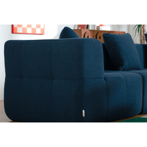 Sofá de canto modular de 4 lugares com chaise longue, tecido bouclé na cor azul profundo