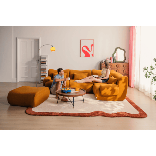 Sofá de canto modular de 5 lugares com chaise longue, tecido bouclé na cor marrom canela
