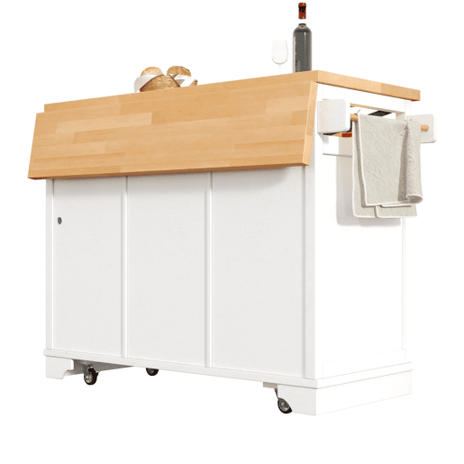 Carrinho de cozinha multifuncional 120x60x90cm - LED, mesa dobrável, 3 gavetas, 2 portas - Branco