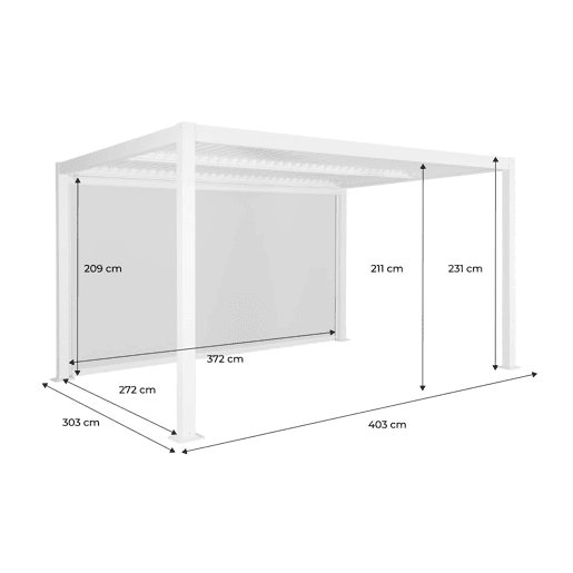 Pérgola bioclimática em alumínio e aço 3x4m + estore 4m Branco - 392x292x224 cm