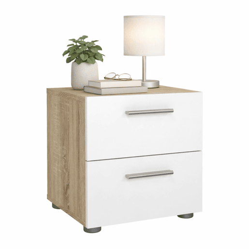 Mesa de cabeceira Segre Oak com 2 gavetas, carvalho patinado e branco alto brilho, 40 x 41 x 43 cm Mesa de cabeceira Segre Oak com 2 gavetas, carvalho patinado e branco alto brilho, 40 x 41 x 43 cm