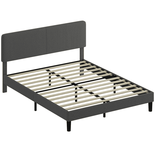 HOMCOM Cama 160x200 cm com Cabeceira Ajustável Estofada em Bombazina Ripas de Madeira Montagem Fácil Cinza Escuro