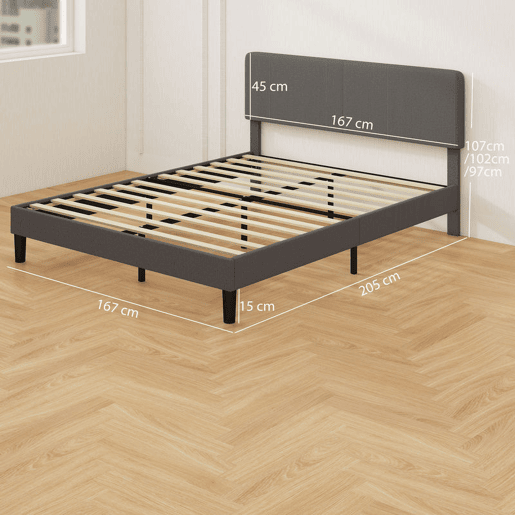 HOMCOM Cama 160x200 cm com Cabeceira Ajustável Estofada em Bombazina Ripas de Madeira Montagem Fácil Cinza Escuro