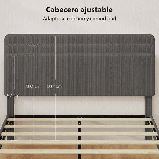 HOMCOM Cama 160x200 cm com Cabeceira Ajustável Estofada em Bombazina Ripas de Madeira Montagem Fácil Cinza Escuro