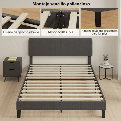 HOMCOM Cama 160x200 cm com Cabeceira Ajustável Estofada em Bombazina Ripas de Madeira Montagem Fácil Cinza Escuro