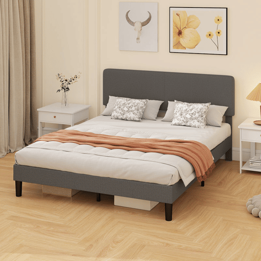 HOMCOM Cama 160x200 cm com Cabeceira Ajustável Estofada em Bombazina Ripas de Madeira Montagem Fácil Cinza Escuro
