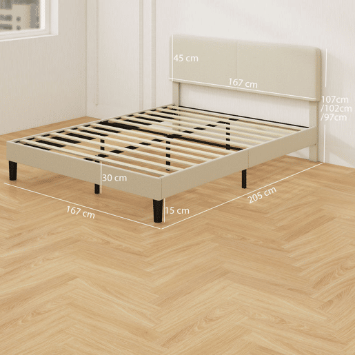 HOMCOM Cama 160x200 cm com Cabeceira Ajustável Estofada em Bombazina Ripas de Madeira Montagem Fácil Cinza Claro