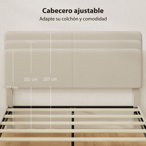 HOMCOM Cama 160x200 cm com Cabeceira Ajustável Estofada em Bombazina Ripas de Madeira Montagem Fácil Cinza Claro