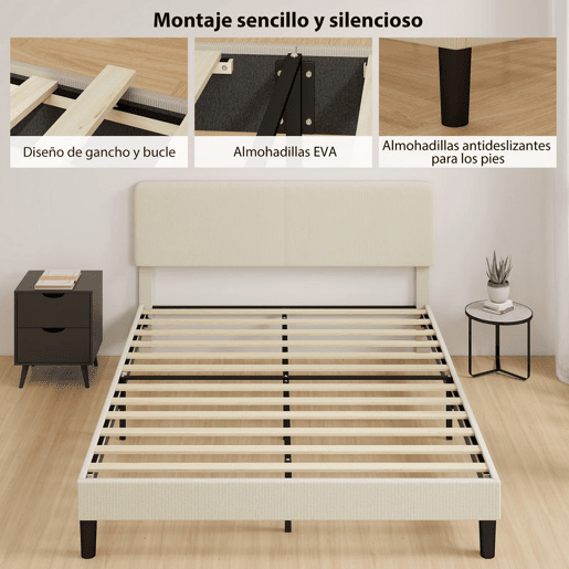 HOMCOM Cama 160x200 cm com Cabeceira Ajustável Estofada em Bombazina Ripas de Madeira Montagem Fácil Cinza Claro