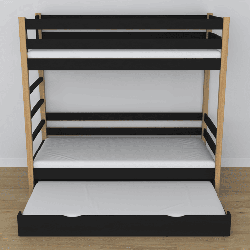 Beliche de madeira com gaveta para colchão N03 preto e carvalho