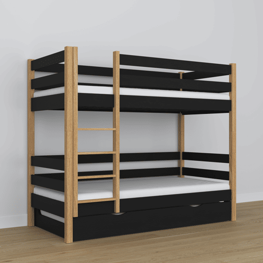 Beliche de madeira com gaveta para colchão N01 preto e carvalho