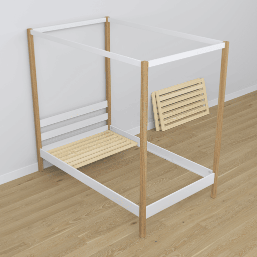 Cama individual de madeira com dossel N01 branco e carvalho