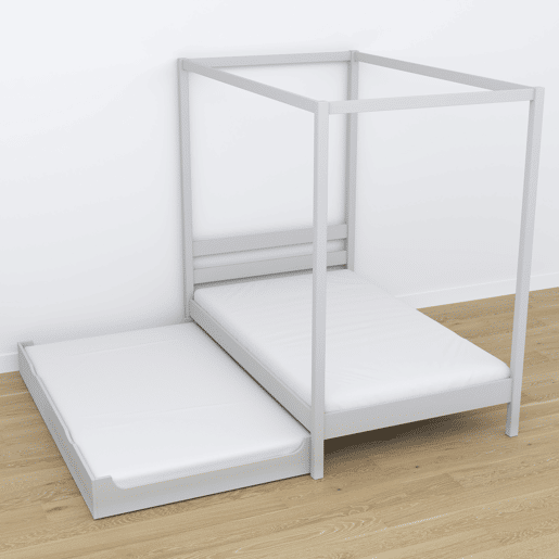 Cama individual de madeira com dossel e gaveta para colchão extra N01 cinza