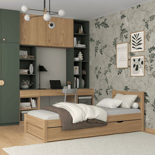 Cama individual de carvalho com gaveta N01 carvalho natural