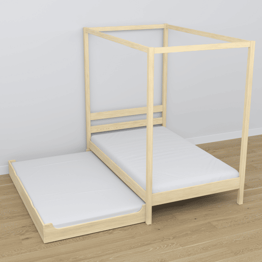Cama individual de madeira com dossel e gaveta para colchão extra N01 pinho incolor