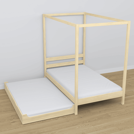 Cama individual de madeira com dossel e gaveta para colchão extra N01 pinho incolor