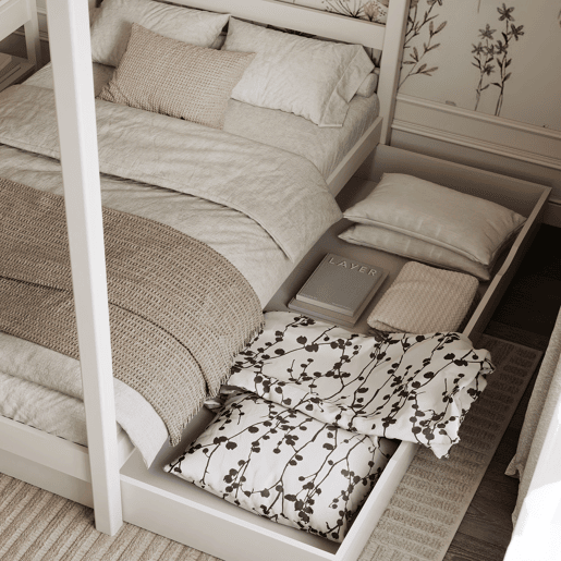 Cama individual de madeira com dossel e gaveta N01 branco