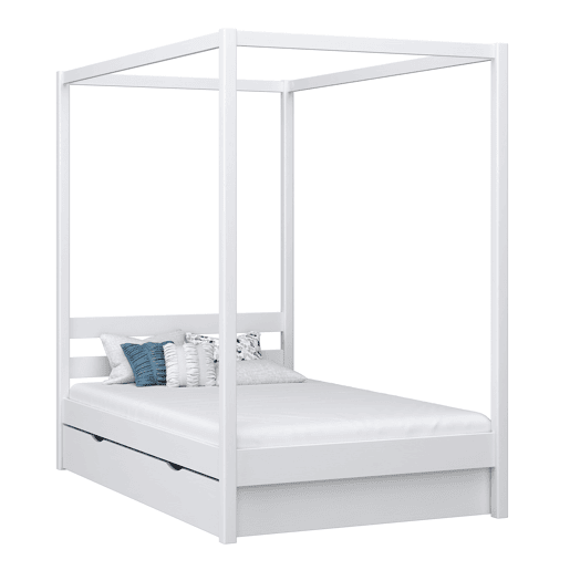 Cama individual de madeira com dossel e gaveta N01 branco