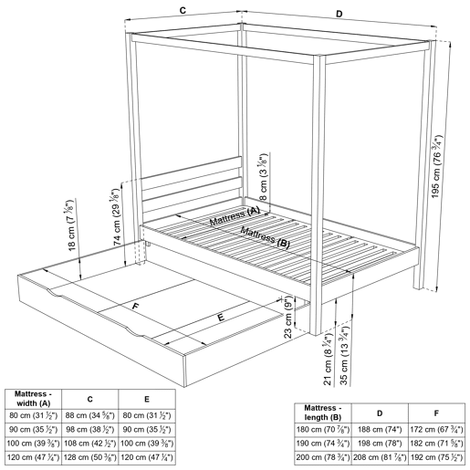 Cama individual de madeira com dossel e gaveta N01 branco
