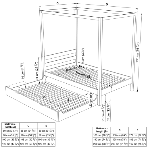 Cama individual de madeira com dossel e gaveta para colchão extra N01 preto e carvalho Cama individual de madeira com dossel e gaveta para colchão extra N01 preto e carvalho