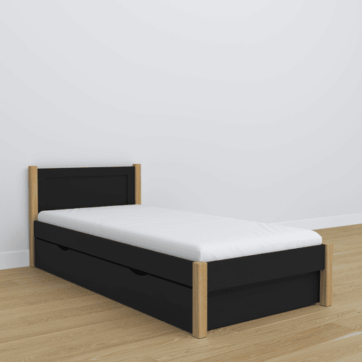 Cama individual de madeira com gaveta N02 preto e carvalho
