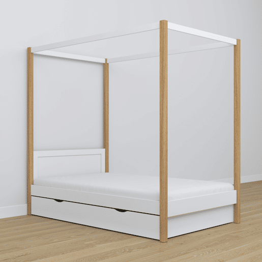Cama individual de madeira com dossel e gaveta N02 branco e carvalho